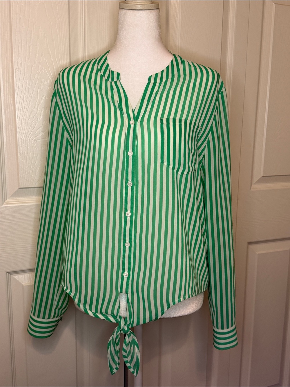 Chico's Green and White Striped Button Down Shirt